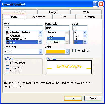 Excel: Format properties for fonts
