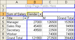 Pivot table result with the Title field placed in the Row area instead of the Column area