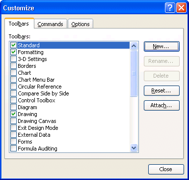 Excel: List of toolbars