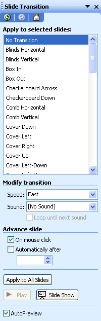 Fenetre of the effects of transitions