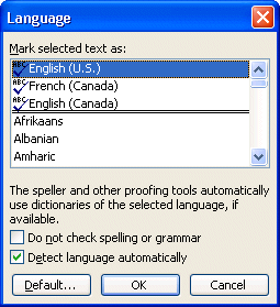 Language selection window