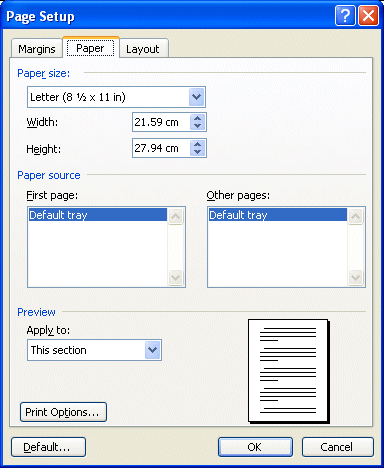 Page setup: paper options
