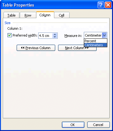 Table's column width