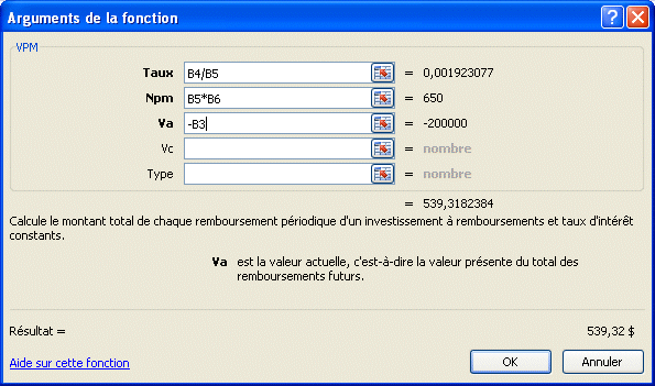 Excel 2007 : Insérer the arguments of a function