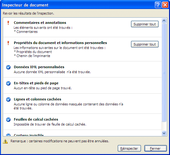 Excel 2007 : Résultat inspection du document