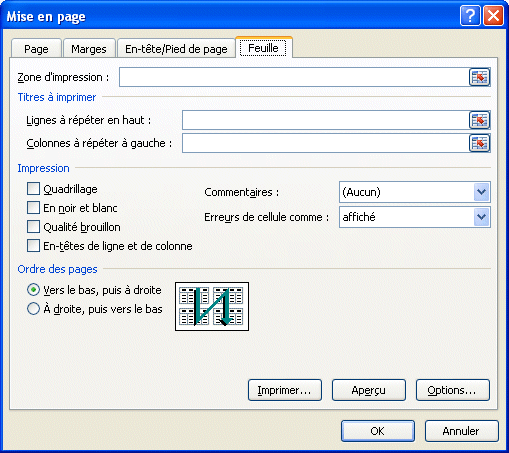 Excel 2007 - mise en page - onglet feuille