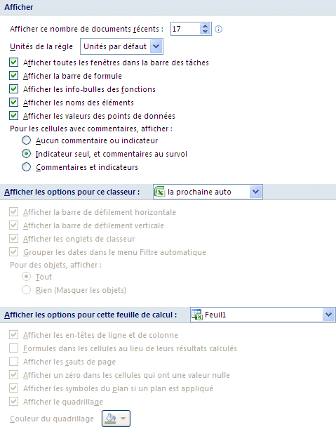 Excel 2007 : Options avanc&eacute;es - Afficher, classeur, feuille de calcul