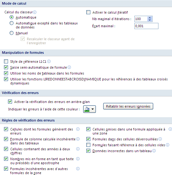 Excel 2007 : Options formules