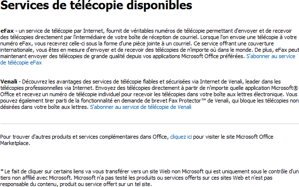 Office 2007 : Liste des services de télécopie par Internet