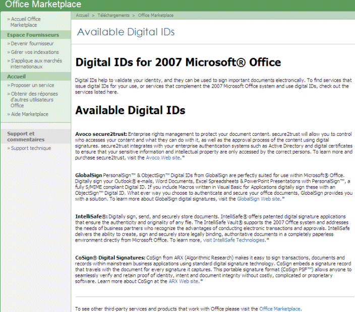 Excel 2007 : Liste des services de signature électronique