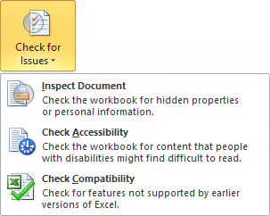 Excel 2010 - File tab - Info- Check for issues