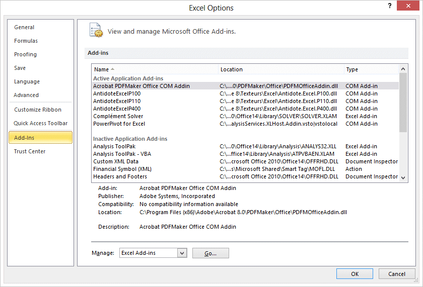 Excel 2010 - File tab - Options - Add-ins