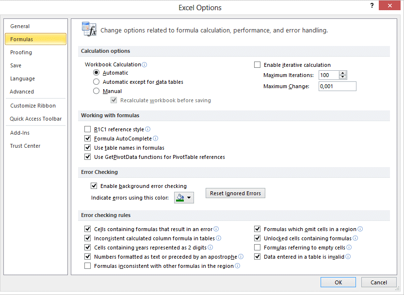 Excel 2010 - File tab - Options - Formulas