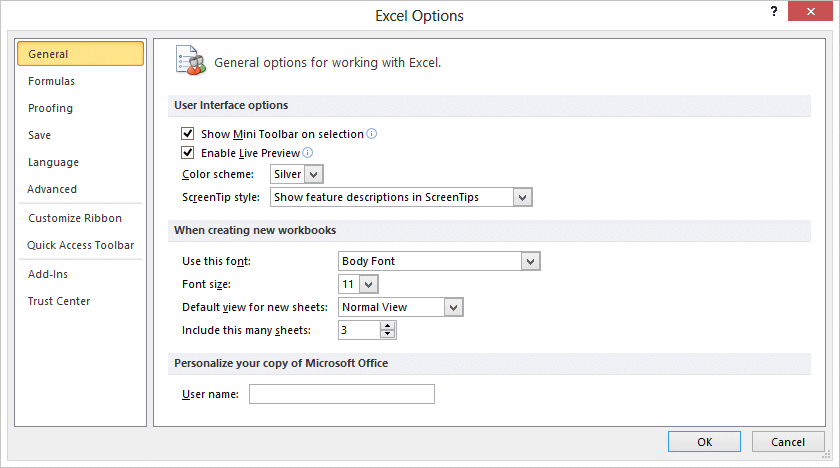 Excel 2010 - File tab - Options - General