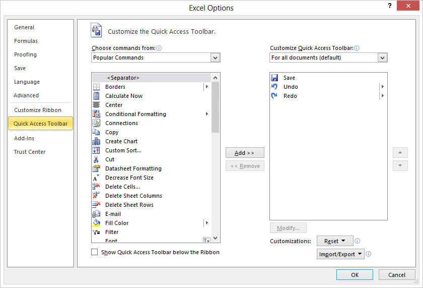 Excel 2010 - File tab - Options - Quick Access Toolbar