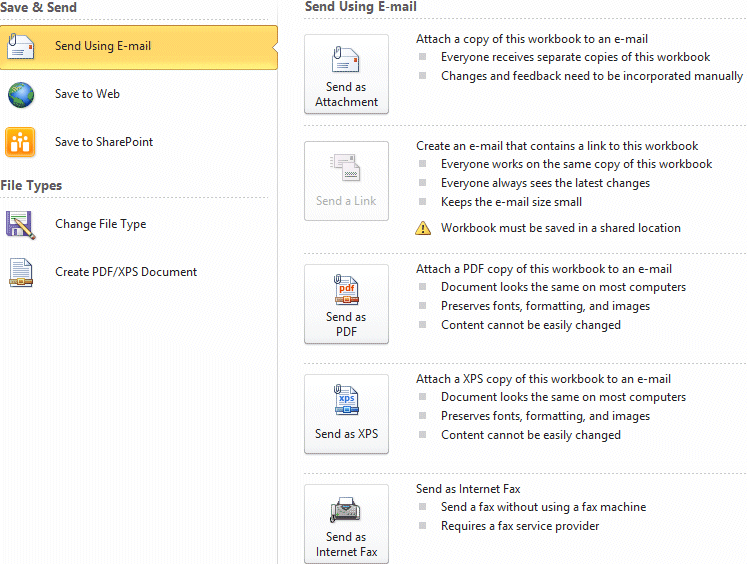 Excel 2010 - File tab - Save and send - E-mail