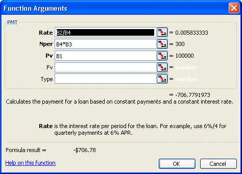 Rate:B2/B4 Nper B4*B3 Pv:B1