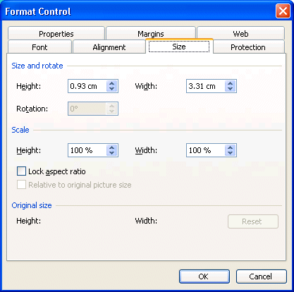 Excel: format properties for button size