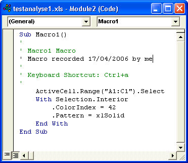 Excel: Visual basic code for the macro